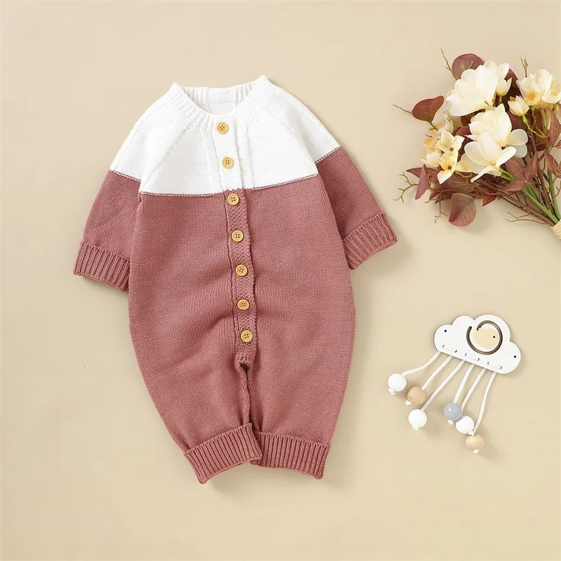 Baby Girl Button Down Jumpsuits Long Sleeve Contrast Color Knit Rompers Newborn Winter Outfit