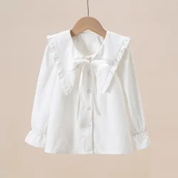 Blusa blanca de Lolita con volantes para niñas, Tops de manga larga para niños pequeños, camisa escolar de algodón para niños de 6, 8, 10 y 12 años, ropa de primavera