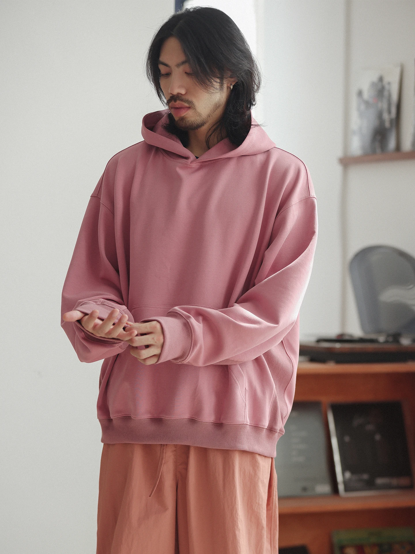 

Японская ретро-толстовка Noears свободного кроя с карманом-кенгуру, розовая, базовая, с длинными рукавами, унисекс