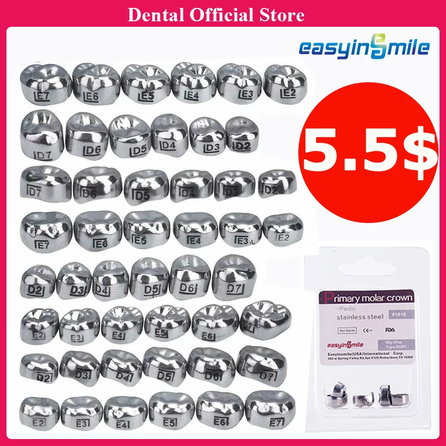 

5PCS EASYINSMILE Dental Kids Crown Primary Molar Stainless Steel Children 1st 2nd Preformed Baby Temporary Crowns Pediatric