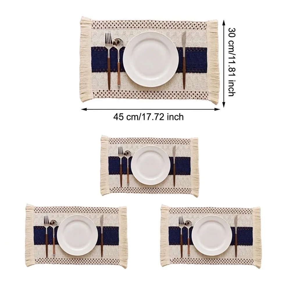 Polyester Placemats 4 pcs Striped Spliced Pattern Hollow Woven Fabric with Fringe Edge for Table Protection 30x45cm