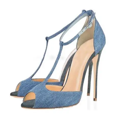 Sexy Peep Toe T Strap Cover Heel Thin High Heels Party Dress Sandals Women Fashion 120 mm Ankle Buckle Pumps Shoes Lady