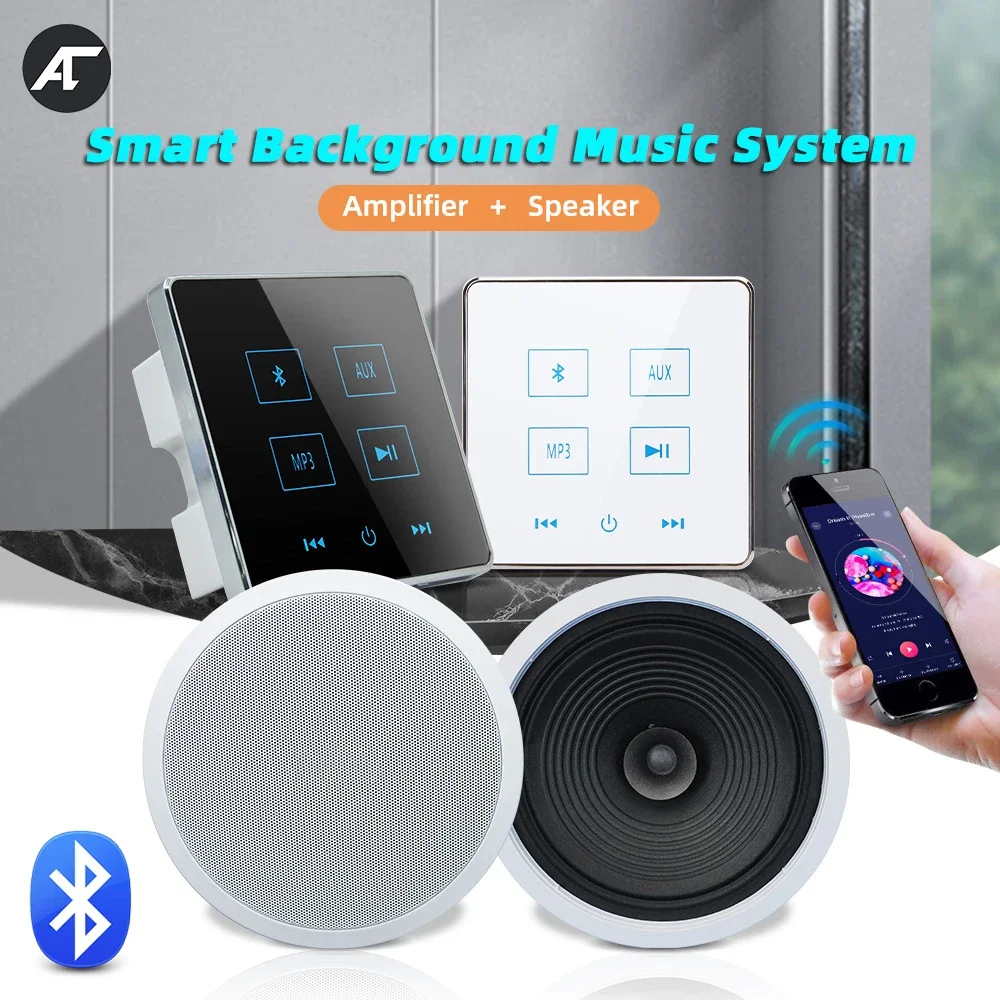 Bluetooth Wall Amplifier 2 Channels Touch Key Music Panel Home Theater Sound System with 8 inch HiFi Stereo Ceiling Speaker kit