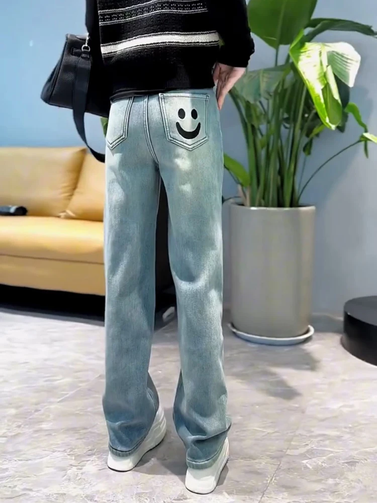 Jeans a gamba dritta slim fit da donna Faionable primavera estate dimagranti pantaloni a gamba larga lunghi ricamati di grandi dimensioni