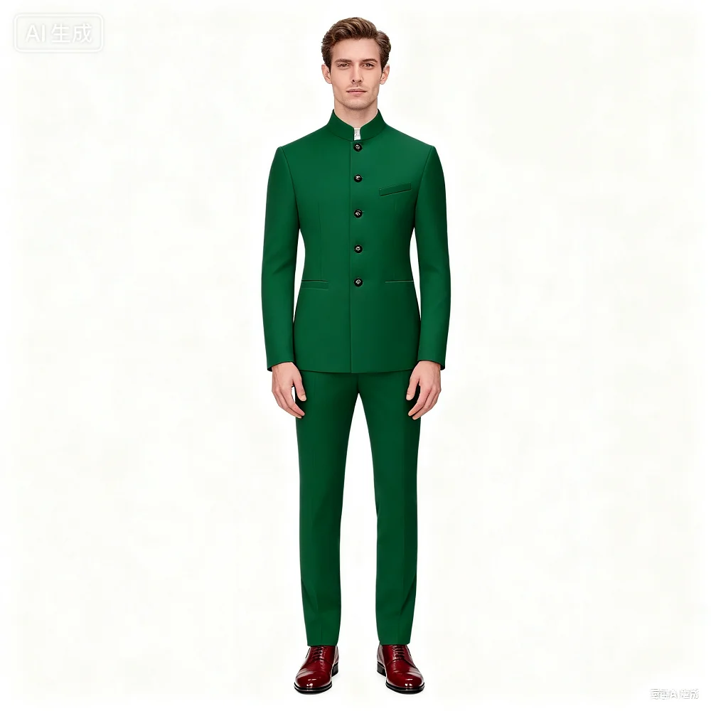 

Classic High Quality 2-Piece Men's Chinese Style Slim Fit Wedding Groom Tuxedo Set with Stand Collar Jacket And Pants