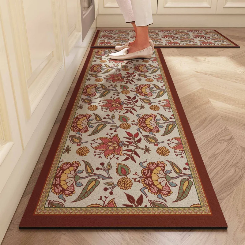 VIKAMA Vintage Crystal Velvet Kitchen Floor Mat, Water-Absorbing, Oil-Absorbing, Anti-Slip, No-Clean L-Shaped Carpet, Home Decor