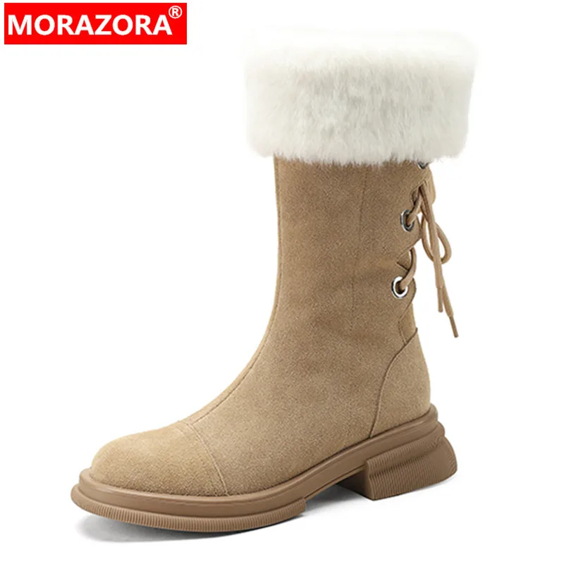 

MORAZORA 2024 New Zipper Cow Suede Winter Boots Woman Narrow Band Warm Ankle Boots Square Med Heels Platform Shoes