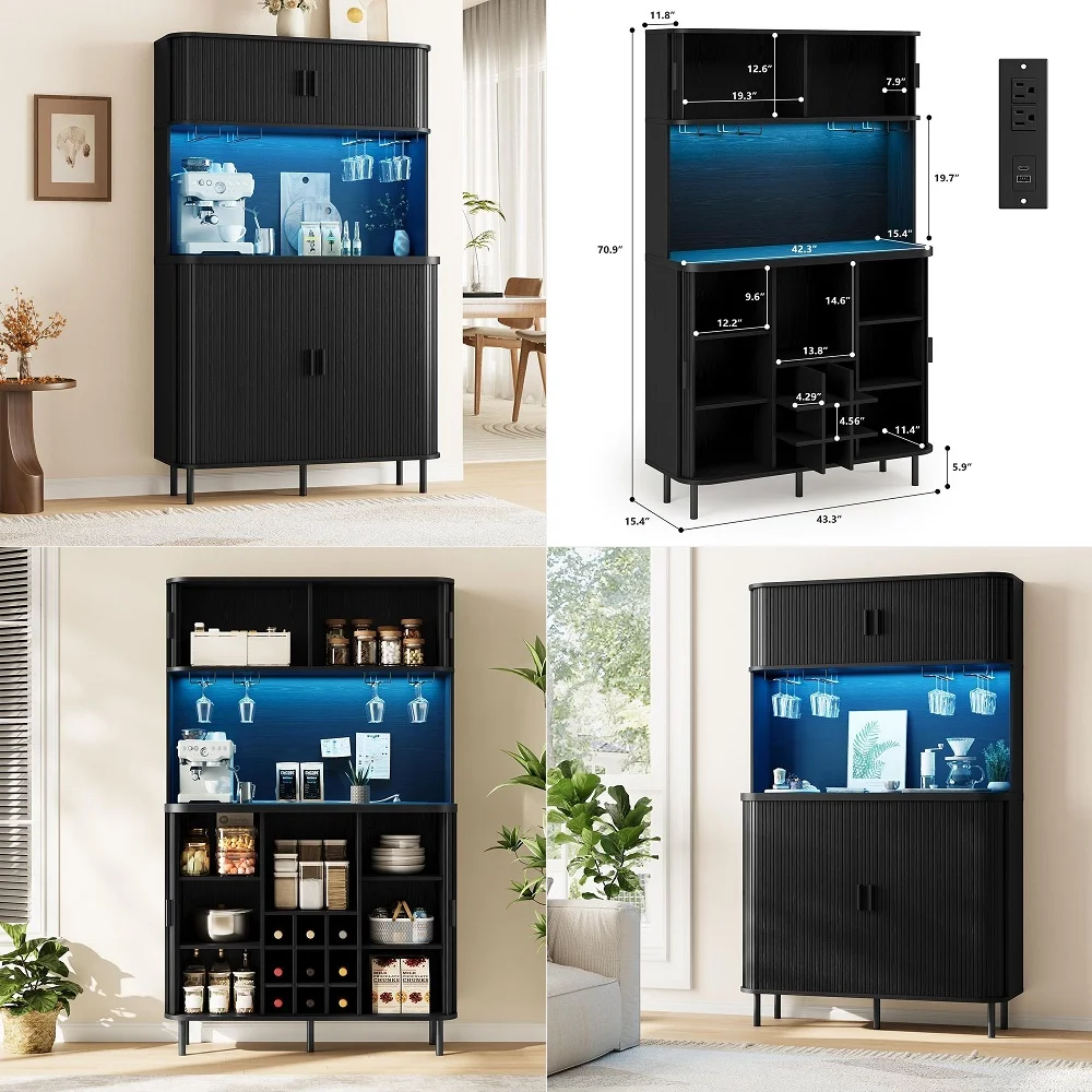 

71 Tall Wine Bar Cabinet with Storage, Fluted Wood Coffee Bar Cabinet with LED Lights, Modern Liquor Cabinet for Home with Wine