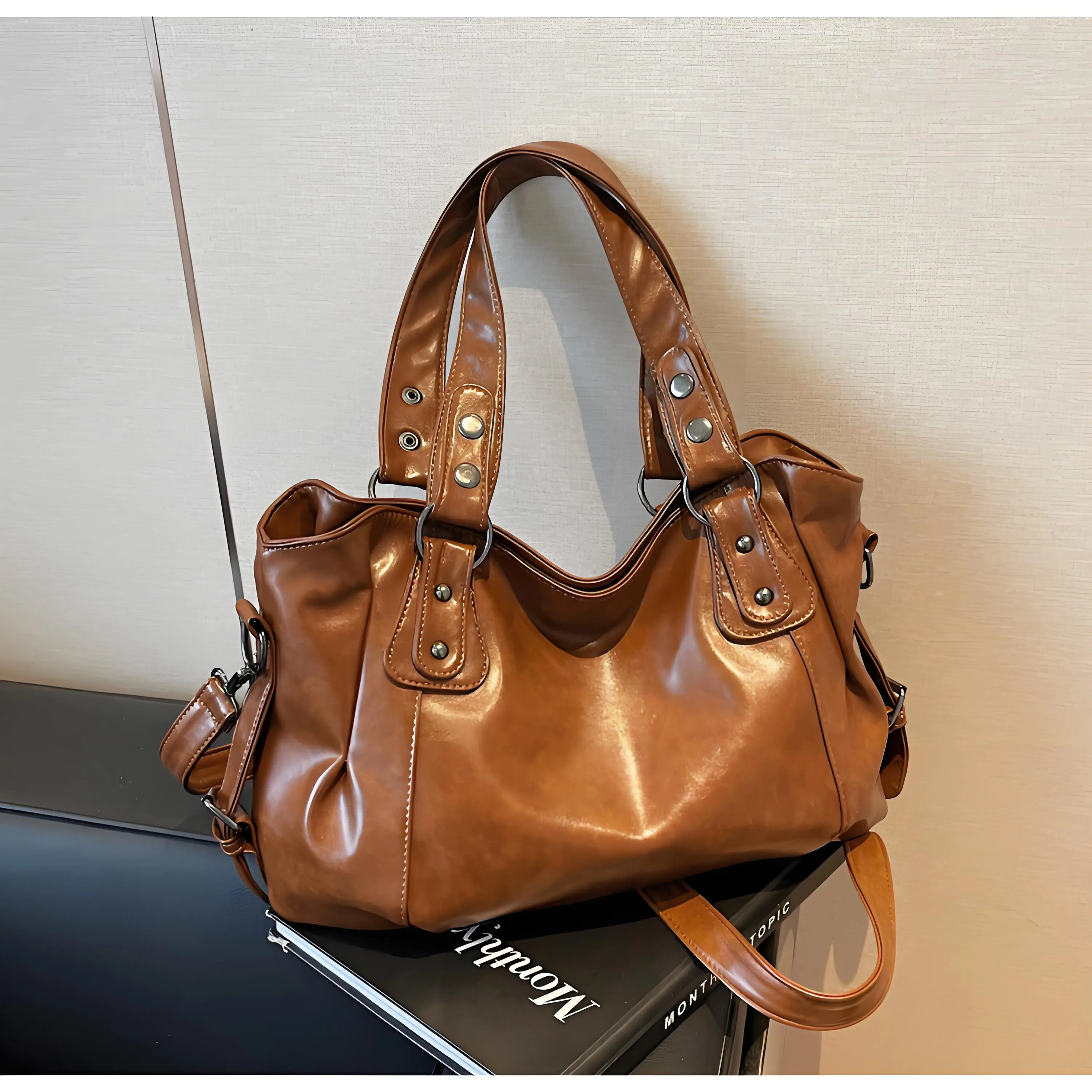 

1 шт., женская сумка-тоут из искусственной кожи в стиле ретро, большая вместительная сумка на плечо, ретро сумки, дорожная сумка-тоут, женская сумка с открытой молнией