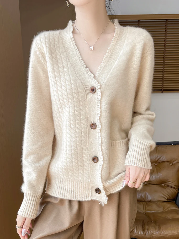 Autumn/Winter New Cashmere Sweater Women's V-neck Knitted Cardigan Casual Loose Twisted Flower Bottom Shirt Fashion Korean Tops