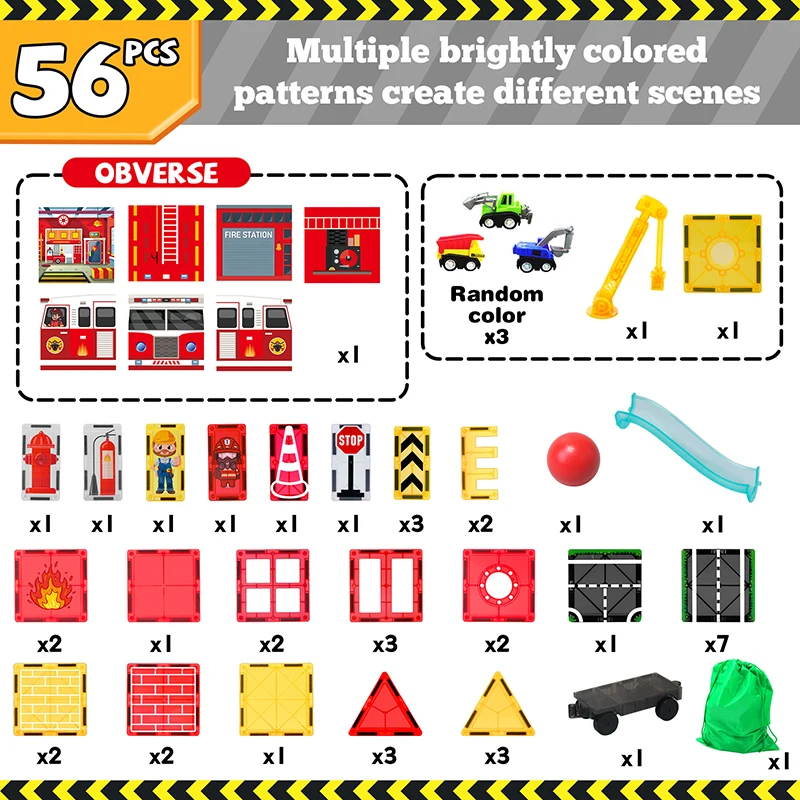 Telhas magnéticas com tema de combate a incêndios, com caminhão de bombeiros e estação, telhas magnéticas de construção, brinquedos de construção para crianças, brinquedos de aprendizagem