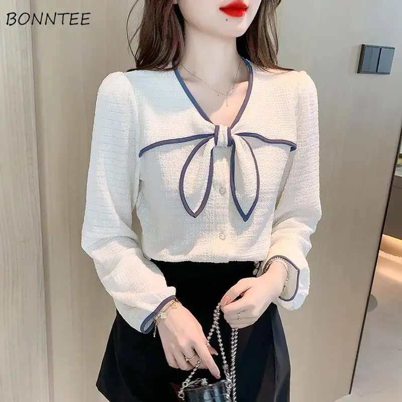 V-neck Casual Shirts Women Bow Spring Temper Elegant All-match Office Lady Fashion Tender Loose Korean Style Folds Patchwork