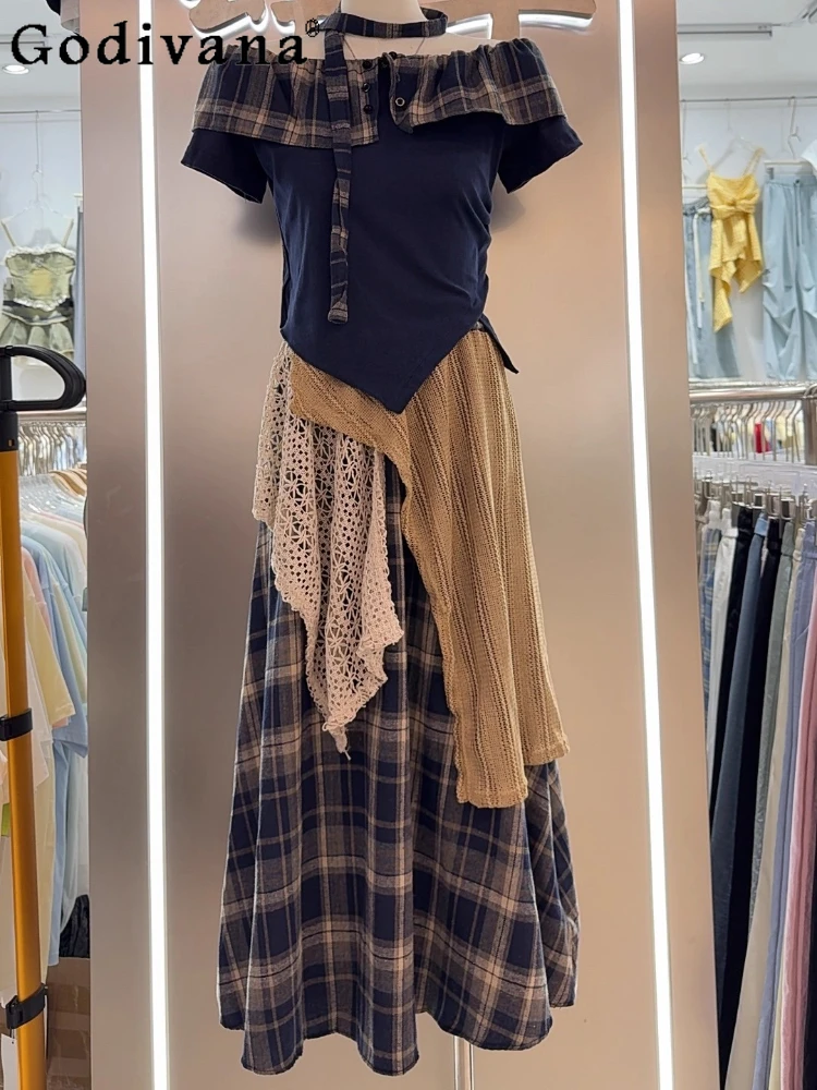

Summer Korean Chic Sexy Elegant Slash Neck Irregular Splicing Top Girl High Waist Wasteland Style Versatile Leisure Plaid Skirt