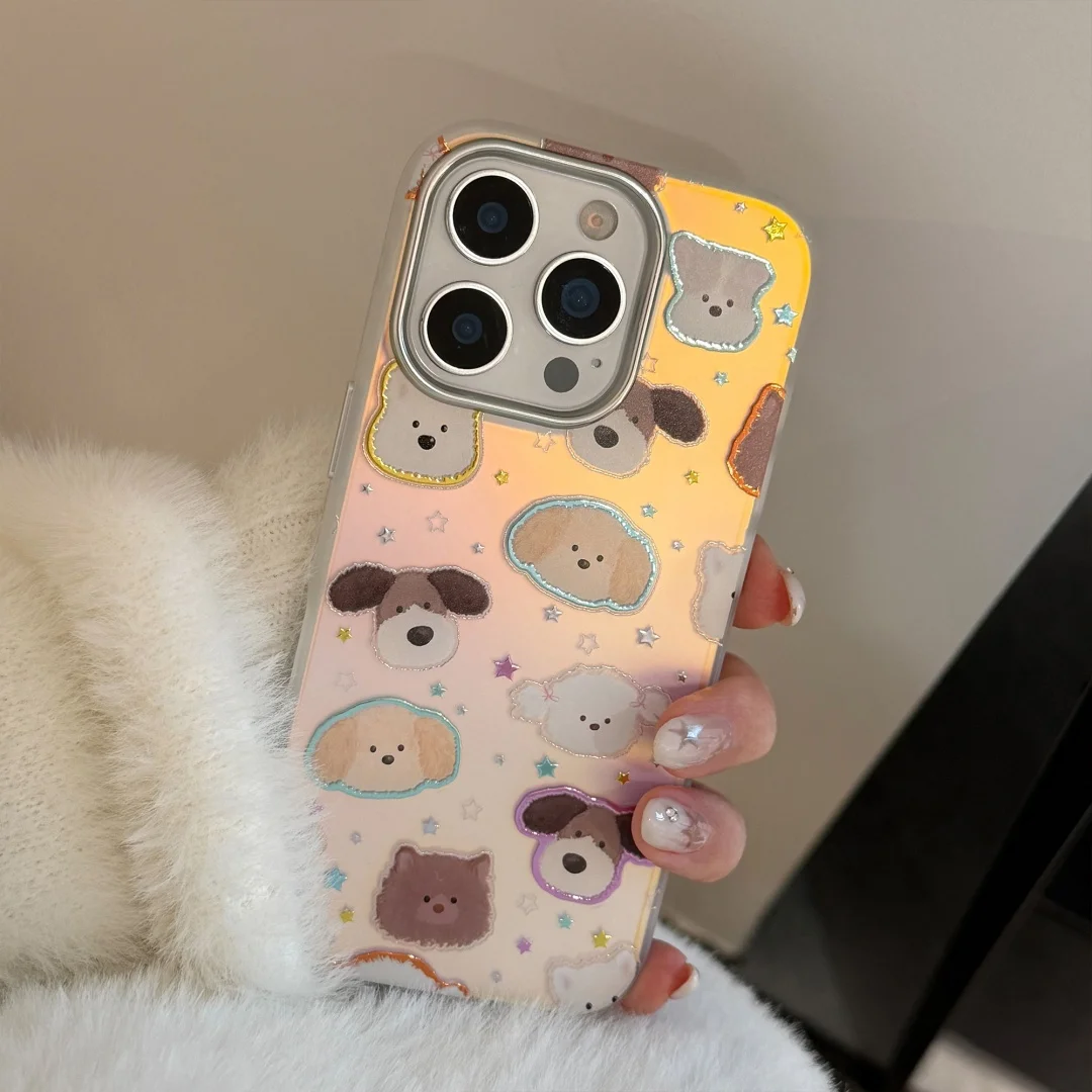 

INS Korean Cute Puppy Laser Phone Case For iPhone 17 Pro 16 15 14 13 Pro Max Stylish Shockproof IMD hard Cover Couqe
