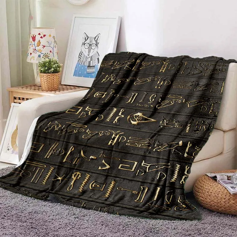 3D Egyptian Mythology Pharaoh Hieroglyphs Soft Thin Blanket, Flannel Lunch Break Throw Blanket Travel Bedroom Sofa Picnic