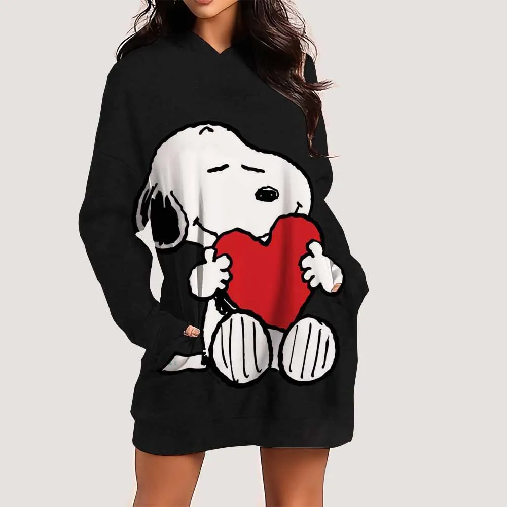 スヌーピープリントレディースドレスファッション膝丈フード付きフロックOネックラインスポーツ秋デイリーカジュアルスカート ﻿