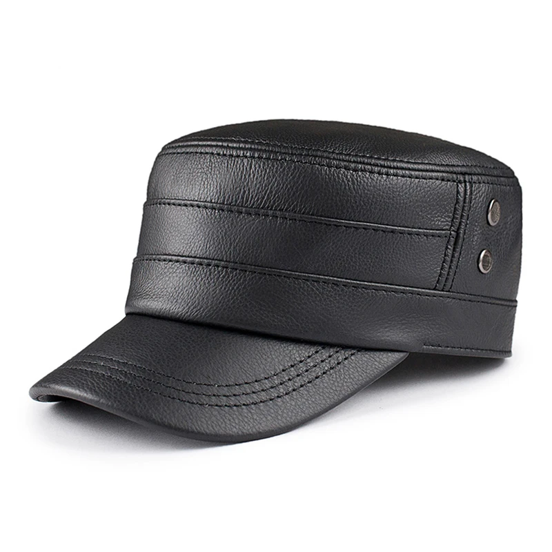 New 2023 Men Handsome Genuine Leather Baseball Caps Male Casual Black Military Flat Warm 55-60 Adjustable Sprot Flight Hats