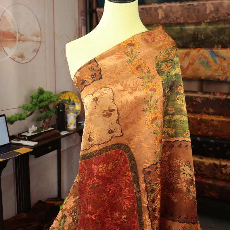 

New Chinese Seal National Style Real Silk Jacquard Clothing Fabric Cheongsam Dress Ancient Costume Women's Cloth