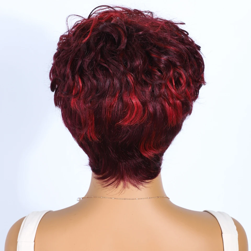 Lekker-Perruque Brésilienne 100% Naturelle Remy, Cheveux Courts, Coupe Pixie, à Reflets Rouges, Colorés, Faite à la Machine, pour Femme