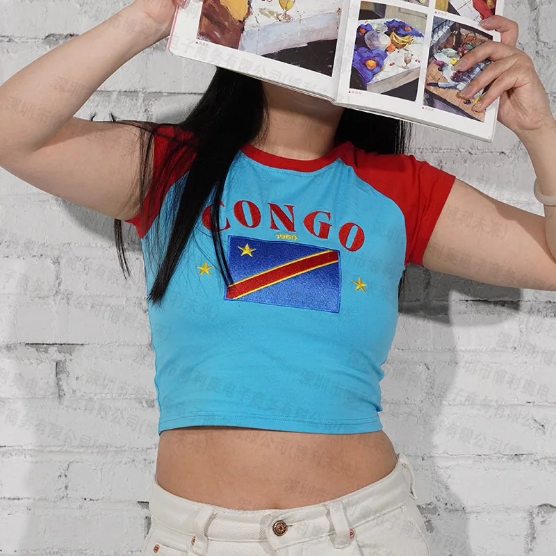 

Congo streetwear Gothic Emo girls' cut top baby t-shirt retro ethnic blue casual slim fit short sleeved t-shirt Y2k clothing