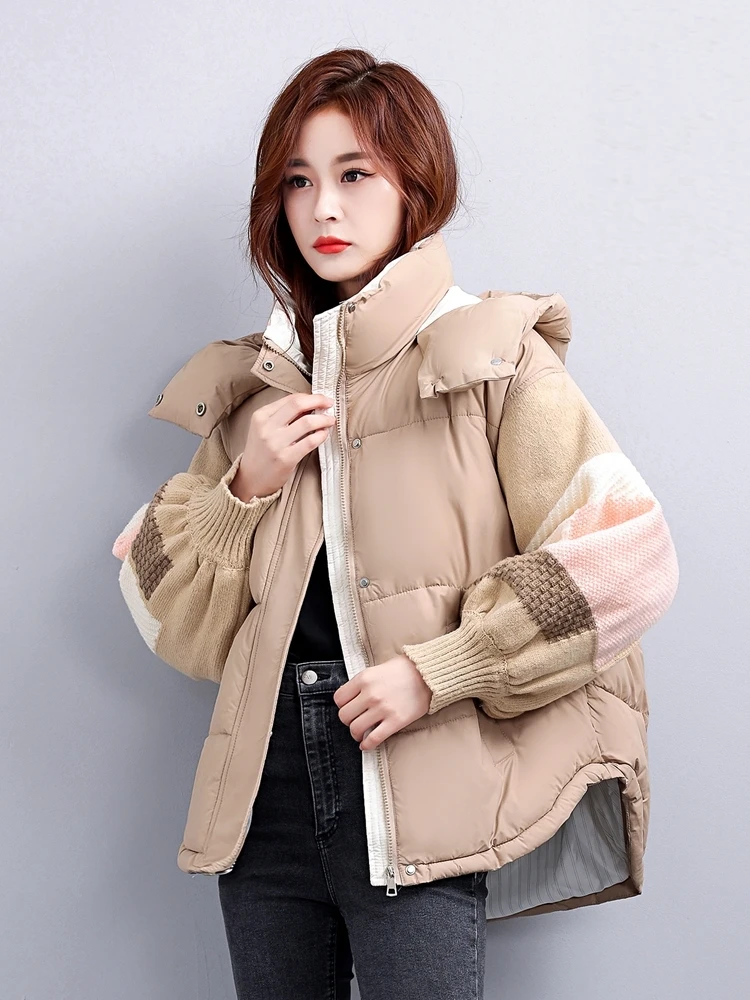 Fashion Patchwork Winter Women Coat Hooded 2023 New Casual Thick Parkas Loose Warm Down Cotton Padded Jackets