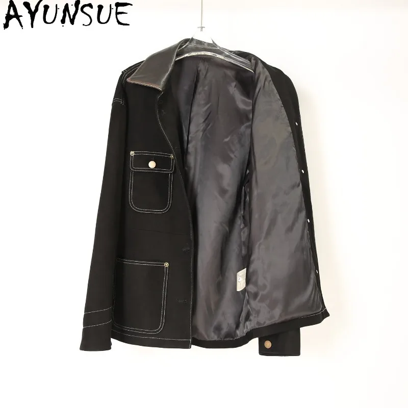 AYUNSUE Women's Leather Jackets Fashion Lapel Sheepskin Suede Jackets for Woman Loose Casual Black Tops Woman Clothes Jaqueta