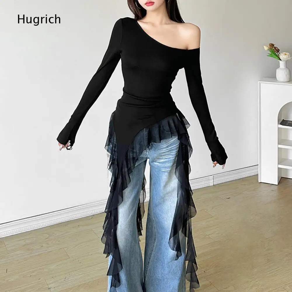 Diagonal Off Shoulder Flare Sleeve Blouse Uneven Hem Long Layered Mesh Ruffle Streamer Black Slim Daily Night Out Top