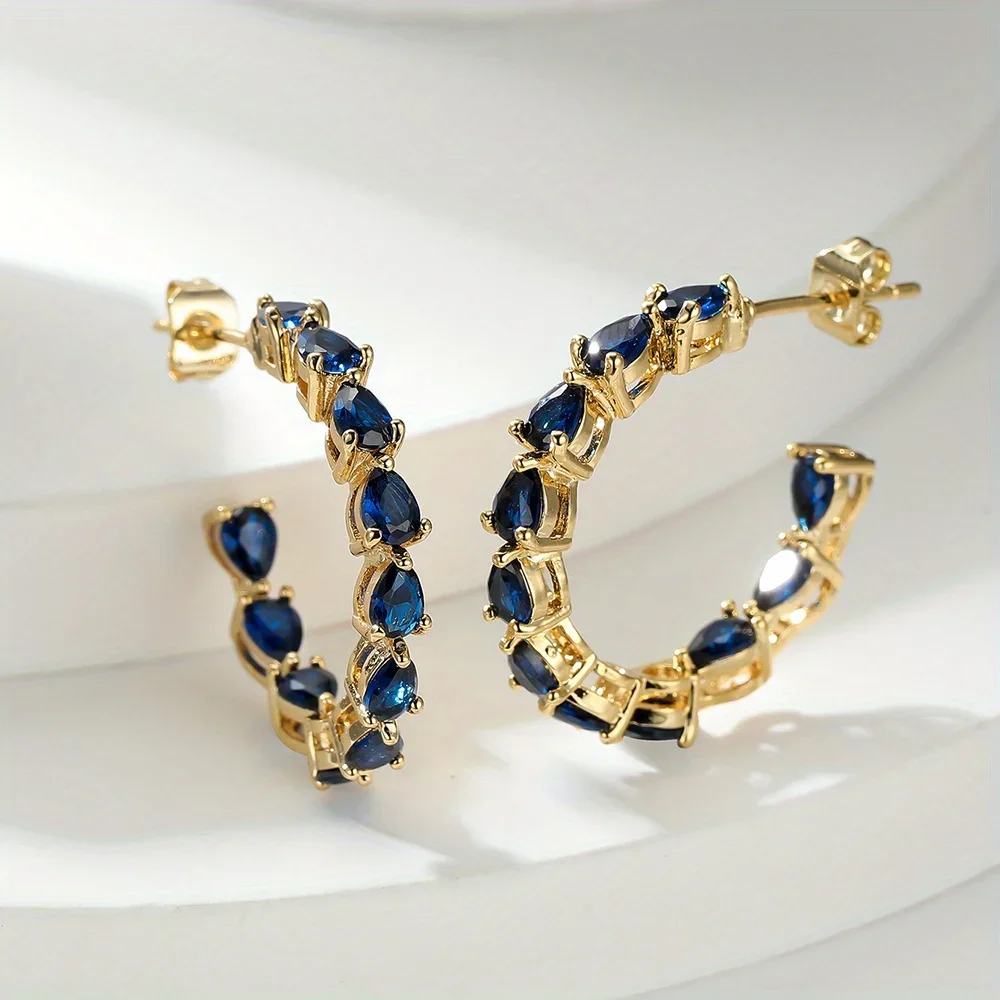 Navy Blue Zircon Round Hoop Earrings for Women Simple Fashionable Geometric Fine Party Gifts Jewelry Accessories