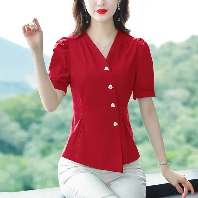 Women\'s Clothing Stylish Pleated Blouse Commute Solid Color Waist Summer Short Sleeve Elegant V-Neck Chic Single-breasted Shirt