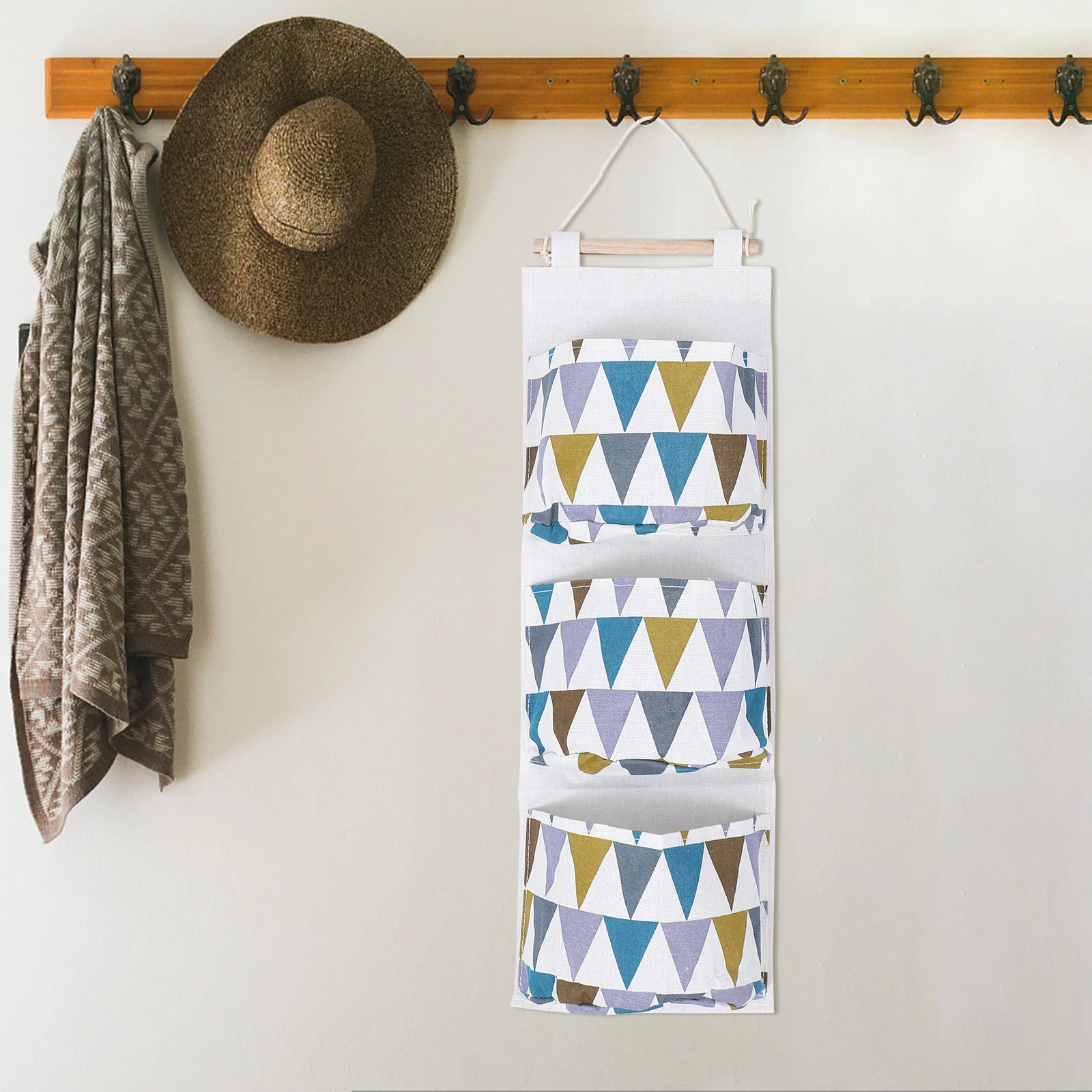 

Cotton Linen Storage Bag Waterproof Coating Wall Mounted 3 Layers Wooden Stick Dust Proof Bedroom Door Hanging Organizer Pouch