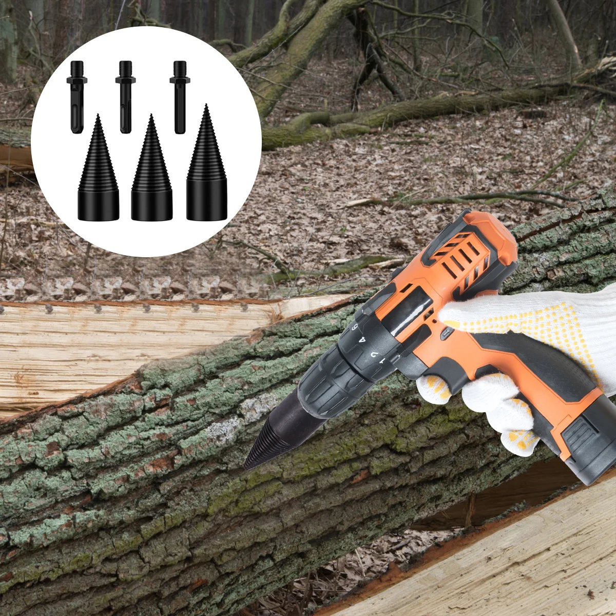 3Pcs Splitting Wood Cone Drill Bit Heavy Duty Steel Material High Hardness Firewood Splitter Anti-Skid Groove Woodworking Tool