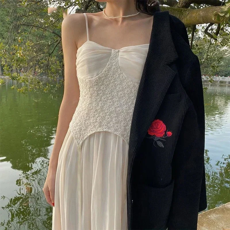 Verão novo francês chique rendas mulheres camis vestido vintage emendado alças plissadas midi vestidos harajuku elegante festa