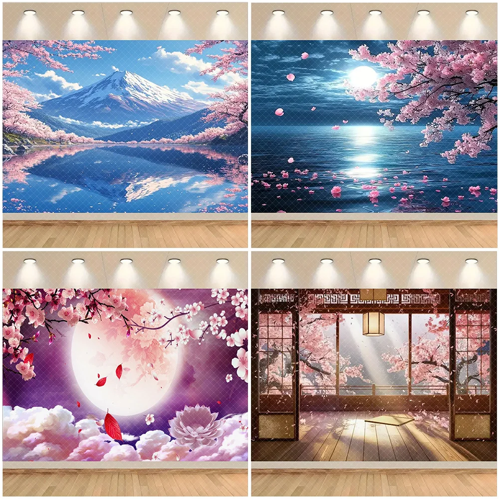 

Japanese Landscape Cherry Blossom Theme Backdrop Moon And Lake Photography Background MountFuji Beautiful Decoration For Bedroom