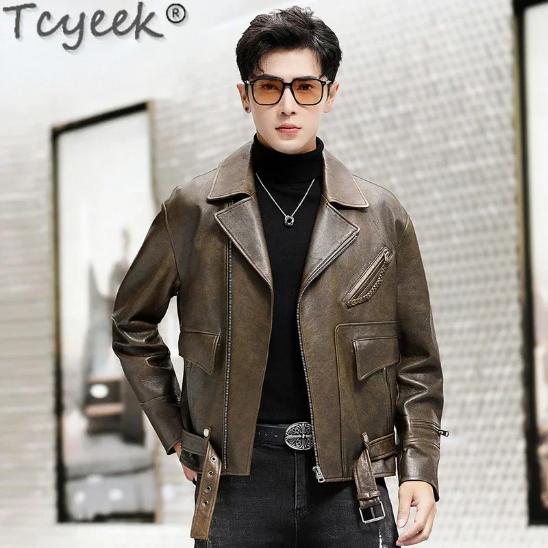 

Tcyeek Genuine Leather Jacket Men Vinatge Motocyle Jackets Fashion Top Layer Cowhide Coat Man Belt Autumn Winter Sheepskin Coats