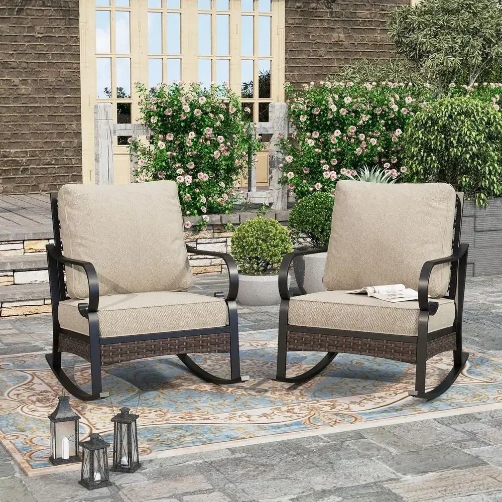 2-Piece Outdoor Metal Rocking Chairs Set with Cushions, Weather-Resistant for Garden, Backyard, Deck, Beige