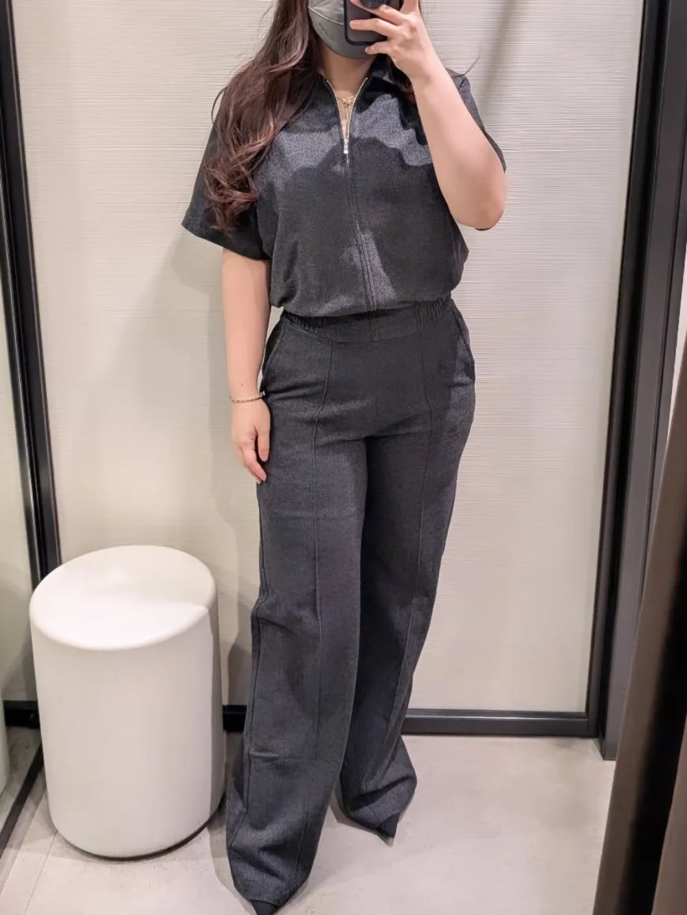 Women Fashion Lapel Zipper Loose Short Sleeve Vest+Autumn High Waisted Elastic Waist Pockets Wide-leg Pants 2-Piece Set