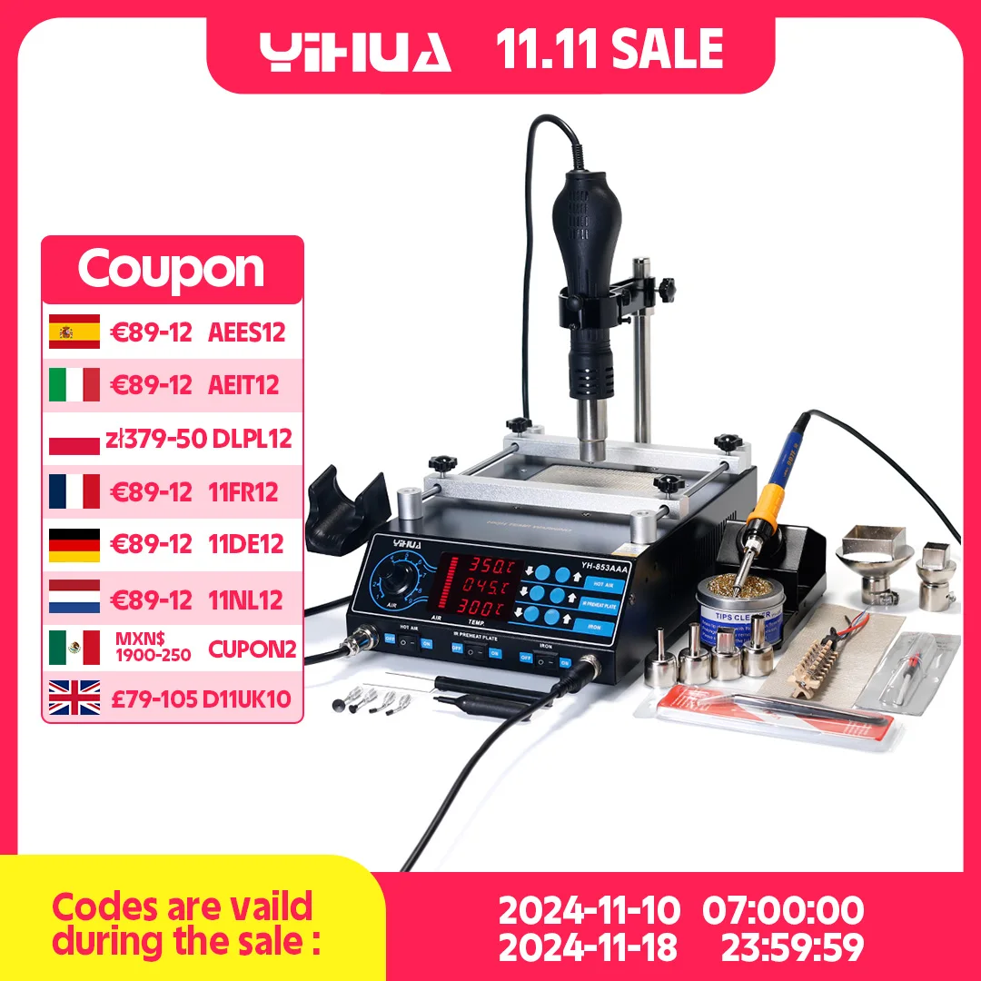 YIHUA 853AAA 1200W Preheating Station PCB Preheater Soldering Station BGA Rework Station Soldering Iron Heat Gun Welding Station