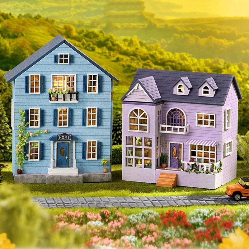 Miniature Building Kit Doll Houses With Furniture Glow Light Happy Manor Model Dollhouse Handmade Toys for Girls Xmas Gifts