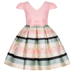 Hot new children's striped dress with bow little girl birthday party piano performance dress dress