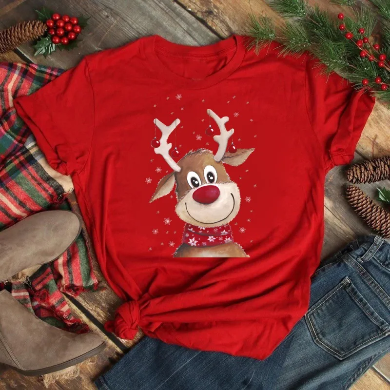 

2024 Merry Christmas Women's Short sleeved T-shirt Christmas Tree Santa Claus Letter Print Simple Trendy Trend Women's Clothing