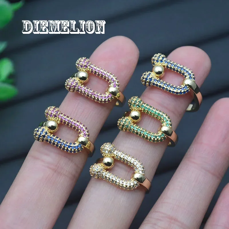 تصميم جديد 18K مطلية بالذهب على شكل حرف U حدوة الحصان قوس قزح مكعب زركونيا قابل للتعديل خواتم للمرأة الفتيات مجوهرات الأزياء الكورية