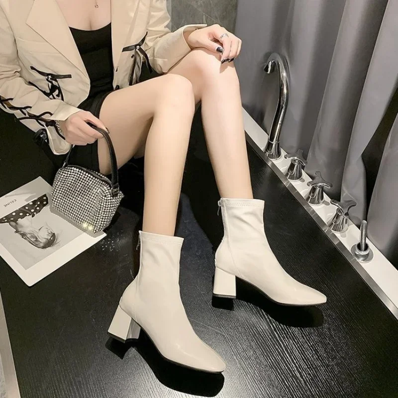 Spring/autumn Women Single Boots Square Heel Ankle Boots Womens Motorcycle Boots Plus Size 34-43 Zapatos De Mujer Botas