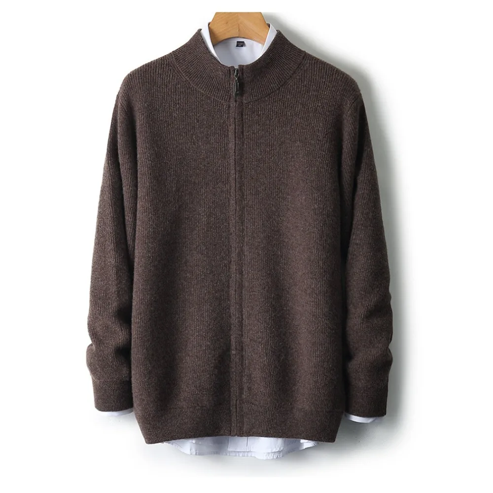 Autumn Winter Men's 100% Wool Knitted Cardigan Sweater High Collar Sweaters Coat