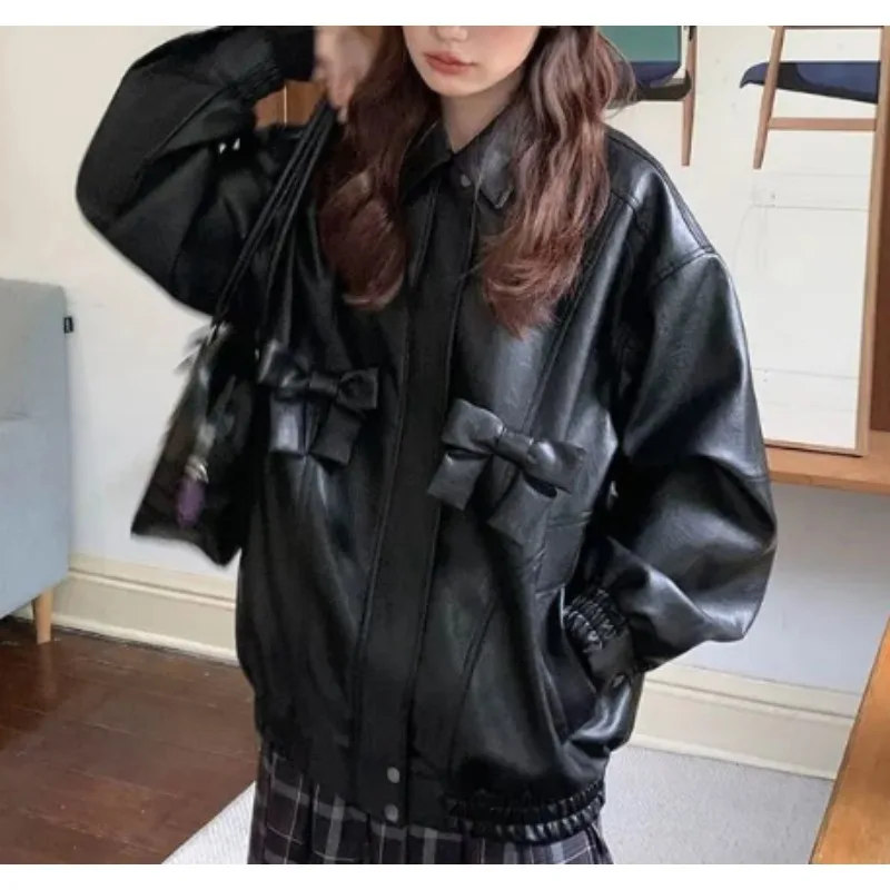 Veste en cuir avec nœud papillon pour femme, manteau à motif de revers, veste fille, fermeture éclair commPiedmont, mode printemps, 2025