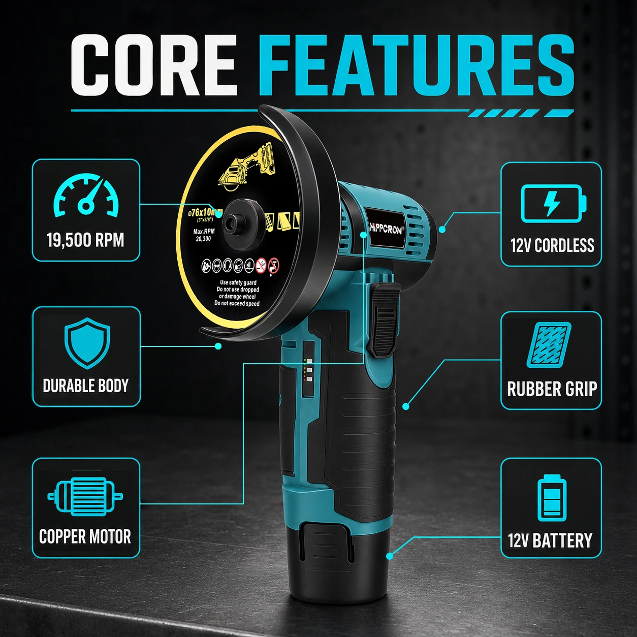 Hippcron 12V Electric Portable Angle Grinder Cordless Polishing Mini Cutting Blade Grinder Machine Lithium Battery Universal image 3