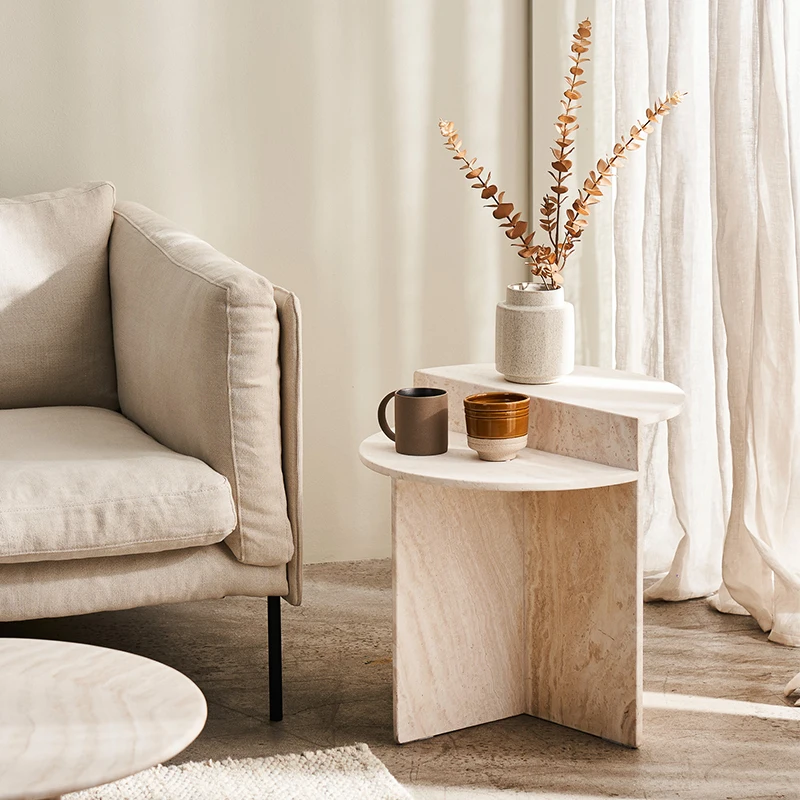 Table en marbre à bord travertin, table d'appoint de canapé de salon, petite table basse mobile, petite table de balcon créative pour la maison