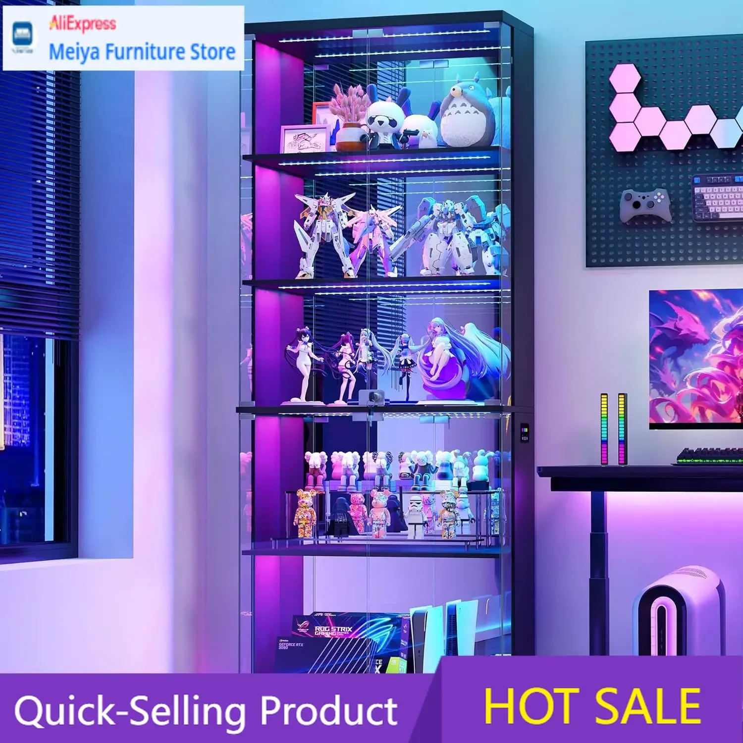 Lockable Black Tall RGB LED Curio Cabinet With 5 Tier Wooden Shelves Glass Doors For Collectibles Living Room