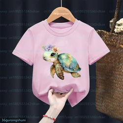 Kawaii Girls t-shirt Interesting Marine Life Turtle Animal Print T shirt Kids Cute girls Clothing Summer Pink Tshirt  Wholesale