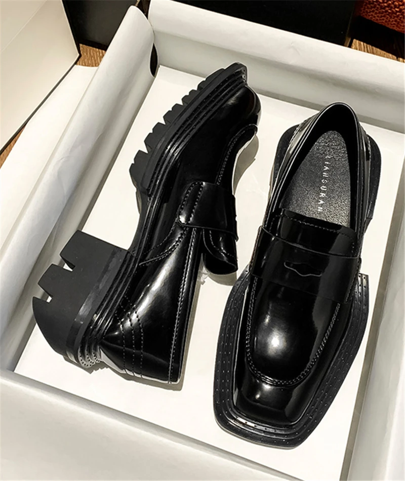 Fashion Square Toe Women Leather Shoes Black Thick Sole Platform Shoes Woman Creepers Prom Dress Shoe Loafers Ladies Footwear