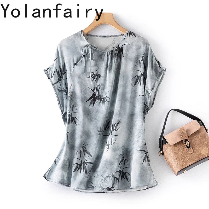 

YOLANFAIRY 93% Mulberry Silk T Shirts Woman Chinese-style Printed Women's Short Sleeve T Shirt 2025 Summer Top Tee Shirt Femme